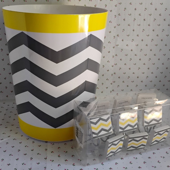 MAINSTAYs: Yellow / Grey Chevron Bathroom Trash Can & Shower Curtain  12pc Hooks - Picture 1 of 5